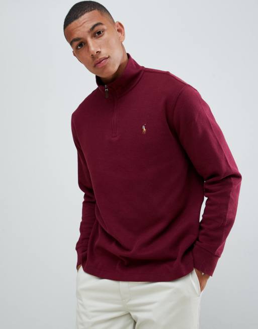 Polo Ralph Lauren half zip cotton knit jumper with multi player logo in  burgundy | ASOS