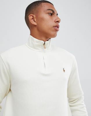 polo ralph lauren half zip cotton knit jumper with multi player logo in cream