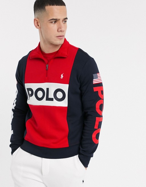 Polo Ralph Lauren half zip in navy colour block with polo branding