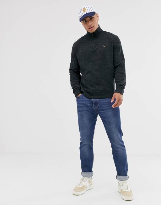 Polo ralph lauren half zip cotton knit jumper with multi player logo hot sale in black