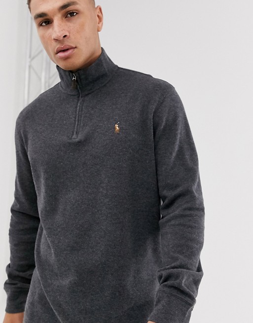 Polo Ralph Lauren half zip knitted jumper in grey marl with multi player logo