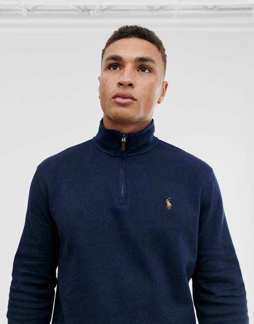 Polo Ralph Lauren half zip knitted jumper in navy with multi player logo