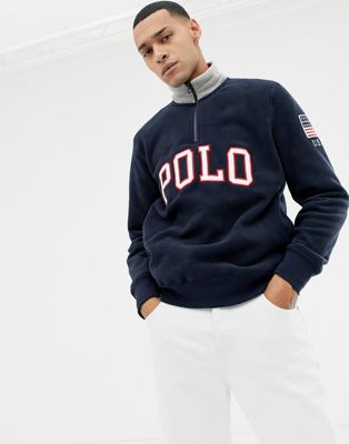 Polo Ralph Lauren half zip polar sweatshirt with logo applique in navy ...