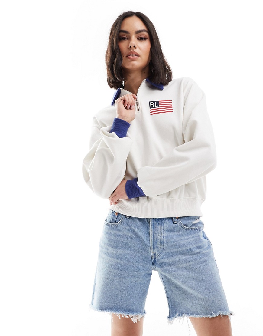 Polo Ralph Lauren half zip with logo in cream with USA logo-White