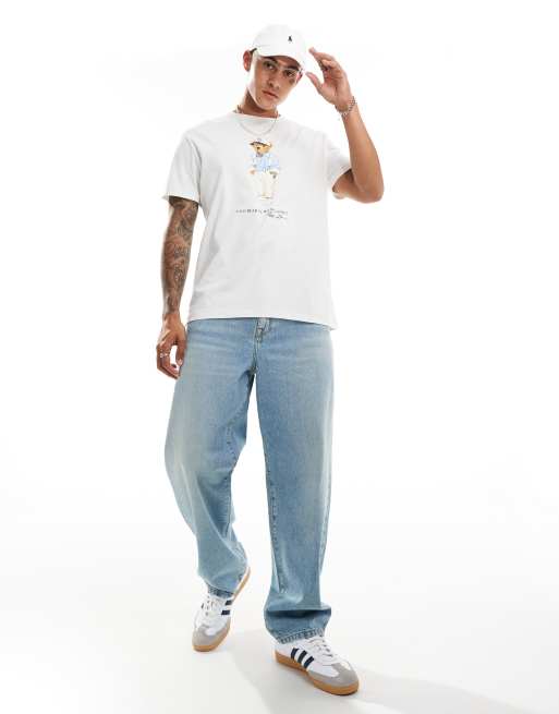 Polo Ralph Lauren – Hemingway – Klassisch geschnittenes Oversize-T-Shirt in gebrochenem Weiß mit Bären-Print