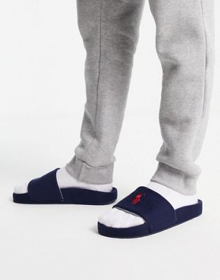 Polo Ralph Lauren hendrick slider slippers in navy and red - ASOS Price Checker
