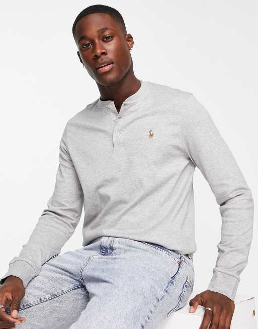 Polo Ralph Lauren - Henley - Gråmeleret overdel med lange ærmer og logoikon i pimabomuld