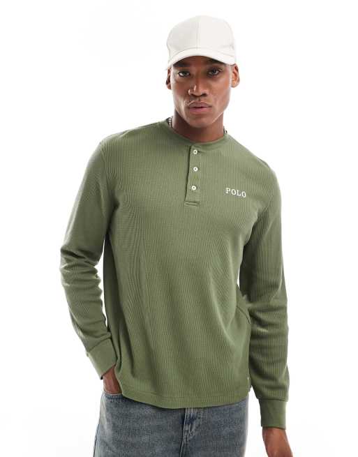 Polo Ralph Lauren - Henley lounge-T-shirt met lange mouwen en wafelstructuur in olijfgroen
