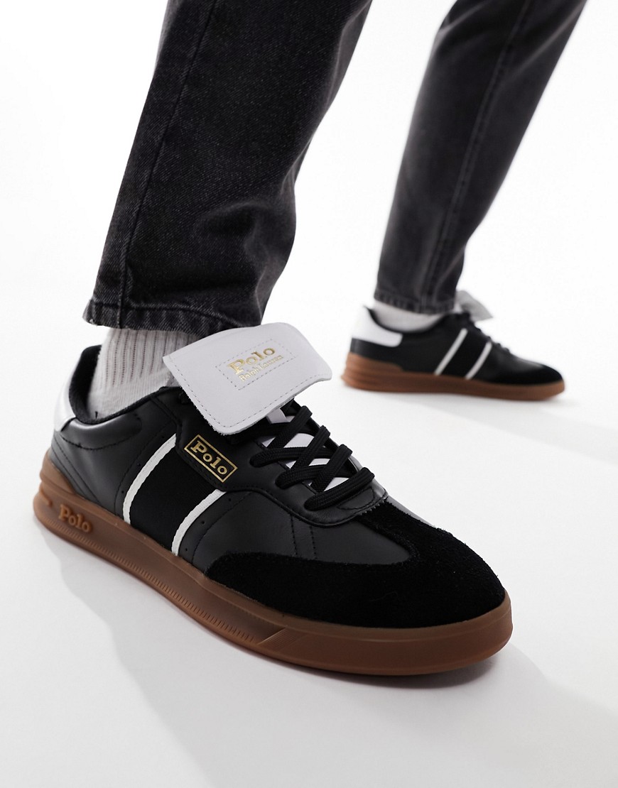 Polo Ralph Lauren Heritage Aera leather suede trainer in black with gum sole