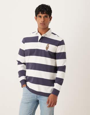 Polo Ralph Lauren Polo Ralph Lauren heritage bear block stripe rugby polo classic oversized fit in blue/white