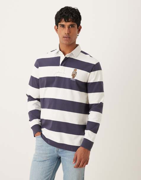 Polo Ralph Lauren heritage bear block stripe rugby polo classic oversized fit in blue/white - view 1