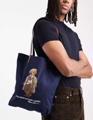 Polo Ralph Lauren Polo Ralph Lauren heritage bear canvas/leather medium tote bag in navy