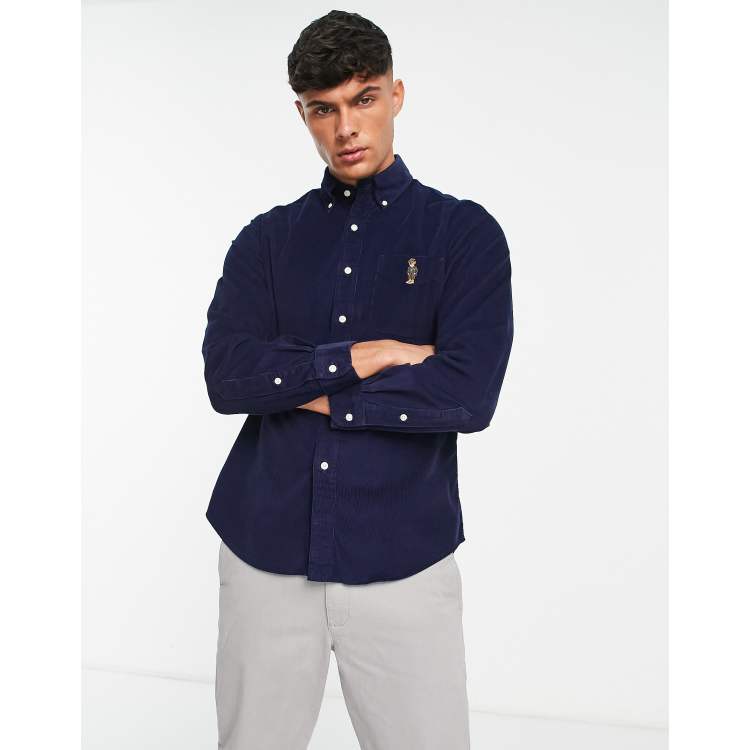 Polo Ralph Lauren heritage bear logo cord shirt custom fit in navy | ASOS