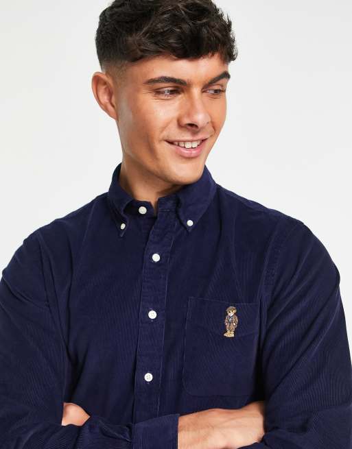 Polo Ralph Lauren heritage bear logo cord shirt custom fit in navy | ASOS