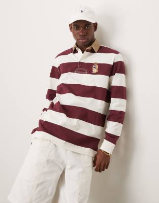 Polo Ralph Lauren heritage bear logo stripe rugby polo in burgundy/white - view 1