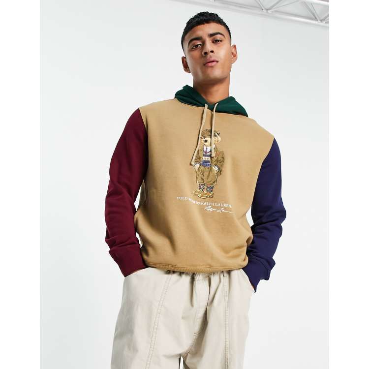 Polo Ralph Lauren heritage bear print colorblock fleece hoodie in khaki beige