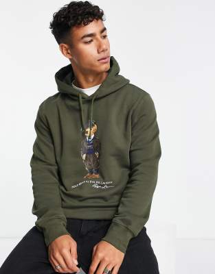 Polo Ralph Lauren heritage bear print fleece hoodie in dark green