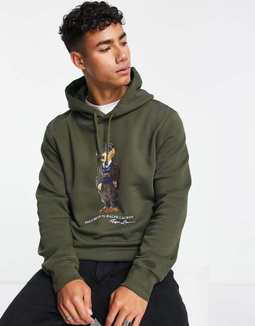 Polo Ralph Lauren heritage bear print fleece hoodie in dark green | ASOS