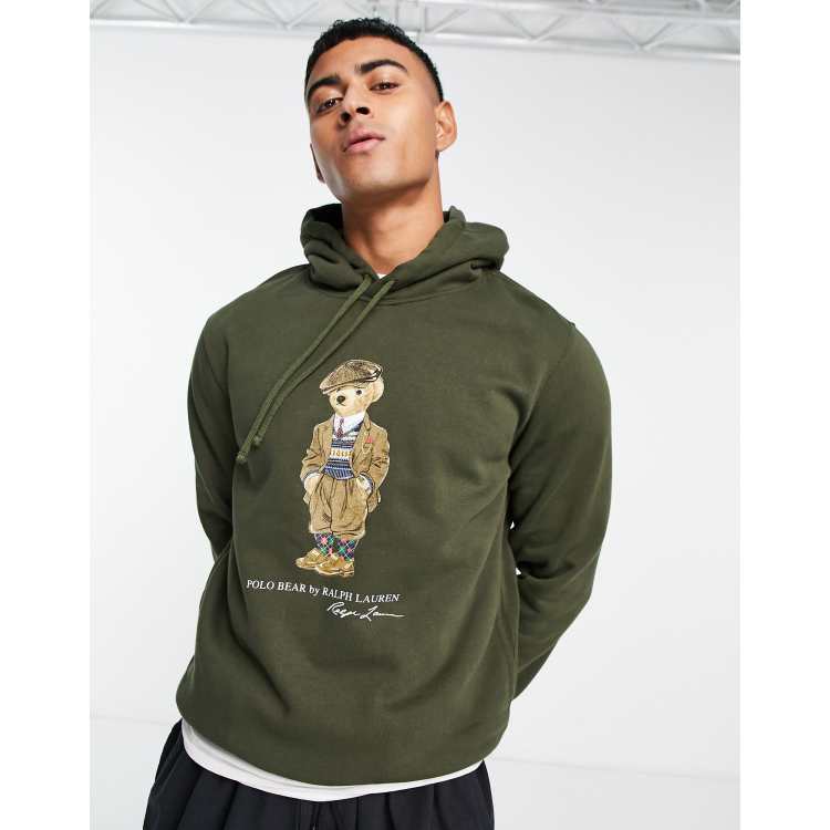 Polo Ralph Lauren heritage bear print fleece hoodie in dark green | ASOS