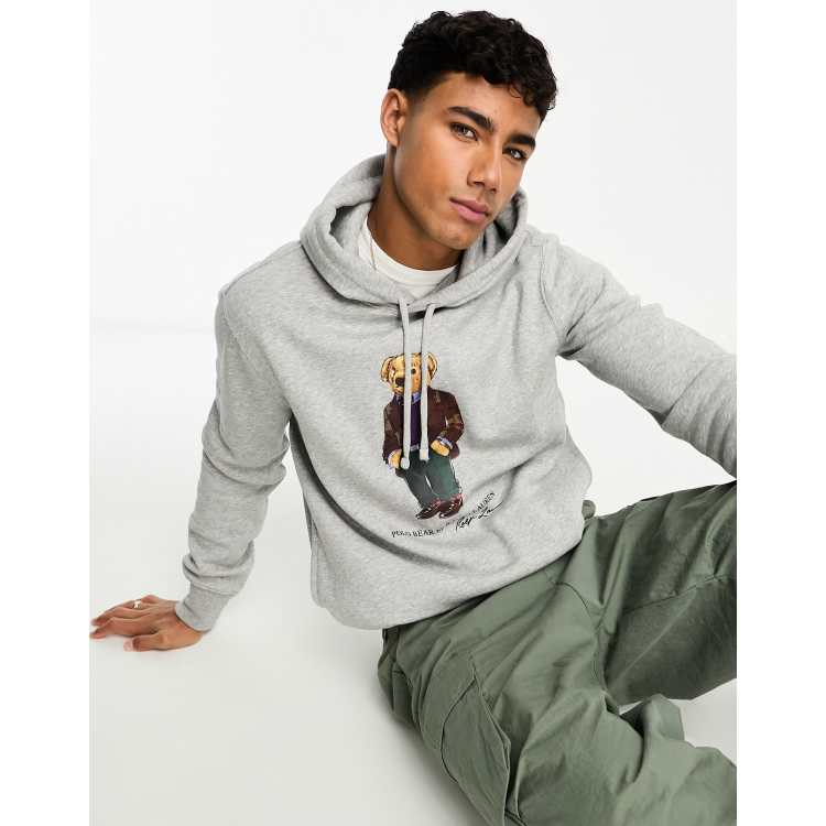 Polo Ralph Lauren heritage bear print fleece hoodie in grey marl