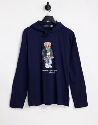 Polo Ralph Lauren heritage bear print hooded long sleeve top in navy