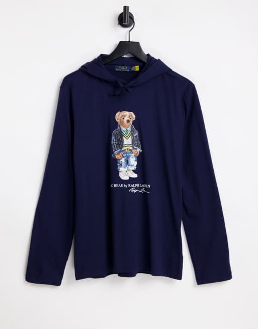 Polo Ralph Lauren heritage bear print hooded long sleeve top in navy