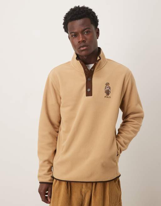 Polo Ralph Lauren heritage cap bear polar fleece half zip sweatshirt in camel marl