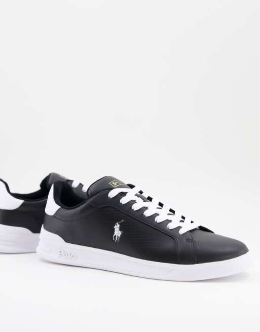 Polo Ralph Lauren heritage court perforated leather trainer in black with white logo | Monroe