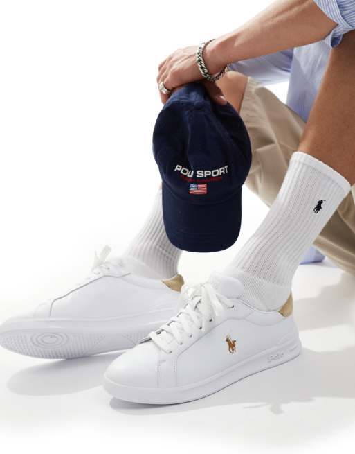 Polo Ralph Lauren – Heritage Court – Sneaker in Weiß mit Fersenlasche in Hellbraun