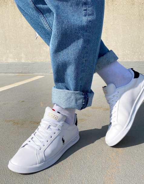 Polo Ralph Lauren heritage court sneakers in white with stripe detail and pony logo - view 1