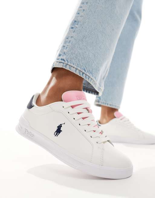 Polo Ralph Lauren - Heritage Court - Sneakers in wit met logo in marineblauw met roze