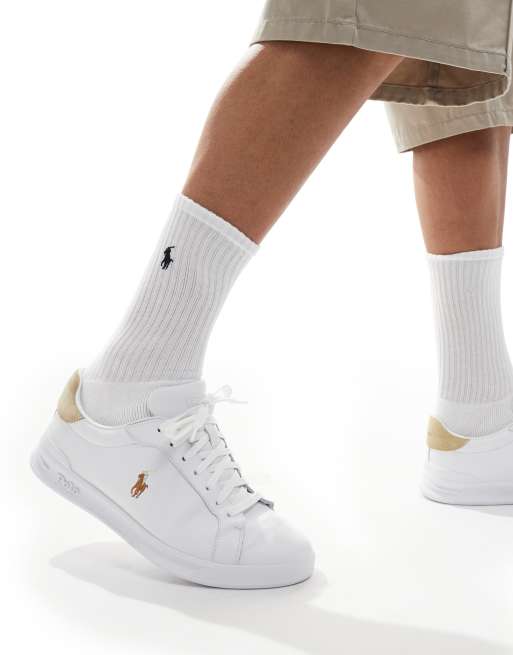 Polo Ralph Lauren Heritage Court trainer in white with tan heel tab, 5 of 5