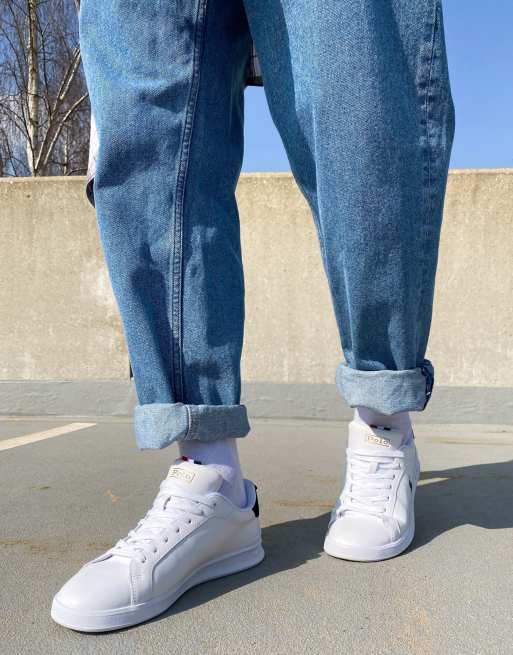 Polo Ralph Lauren heritage court trainers in white with stripe detail ...