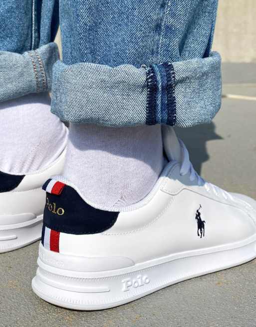 Polo Ralph Lauren heritage court trainers in white with stripe detail ...