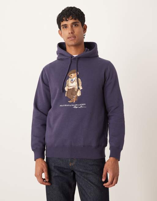 Polo Ralph Lauren - Heritage - Felpa con cappuccio in pile blu medio con logo Bear con berretto