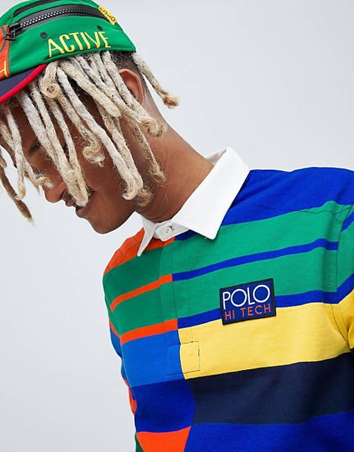 Polo Ralph Lauren Hi Tech Capsule long sleeve multi stripe rugby polo  classic over sized fit in blue multi | ASOS