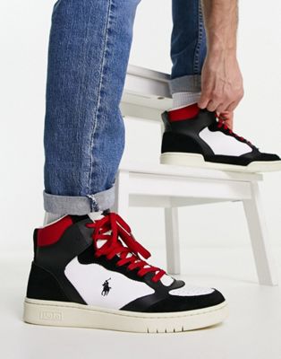 Polo Ralph Lauren hi top court lux sneakers in black/red with pony logo ...