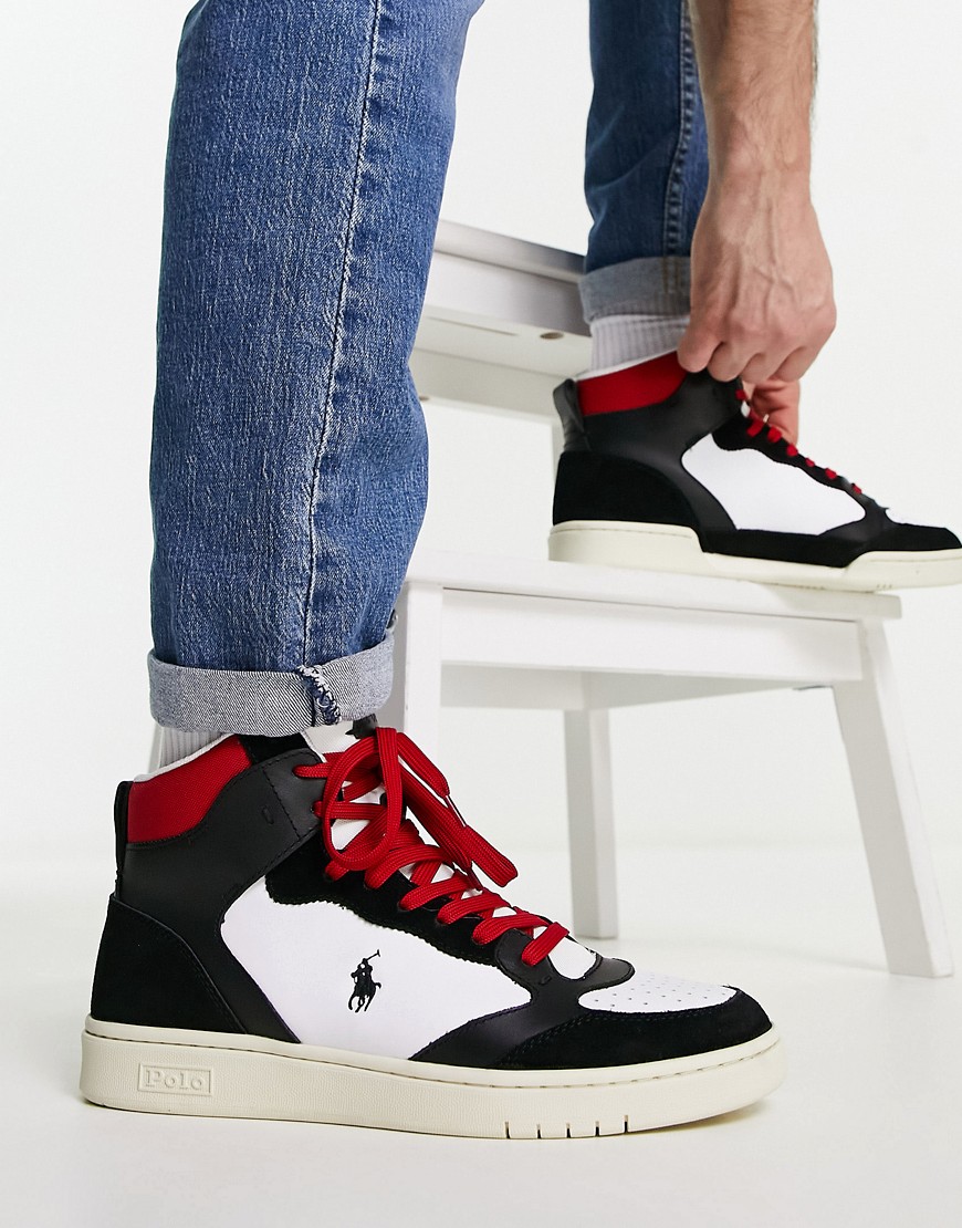 Polo Ralph Lauren hi top court lux trainer in black/red with pony logo