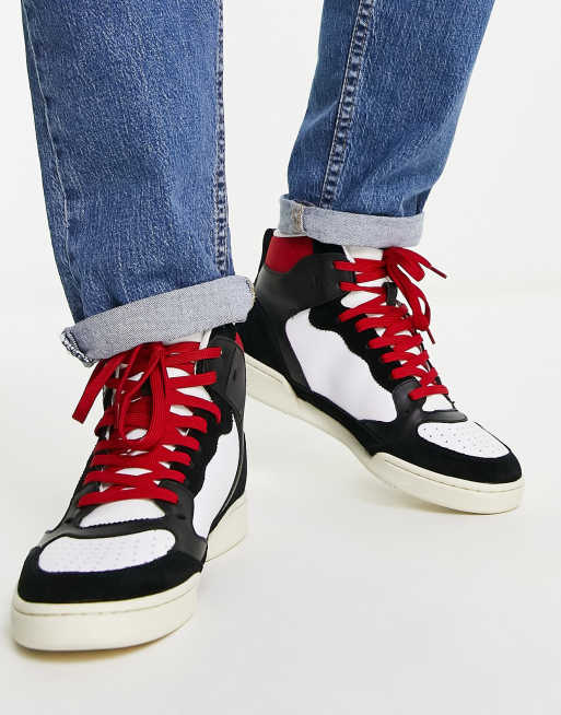 Polo Ralph Lauren hi top court lux trainer in black red with pony logo