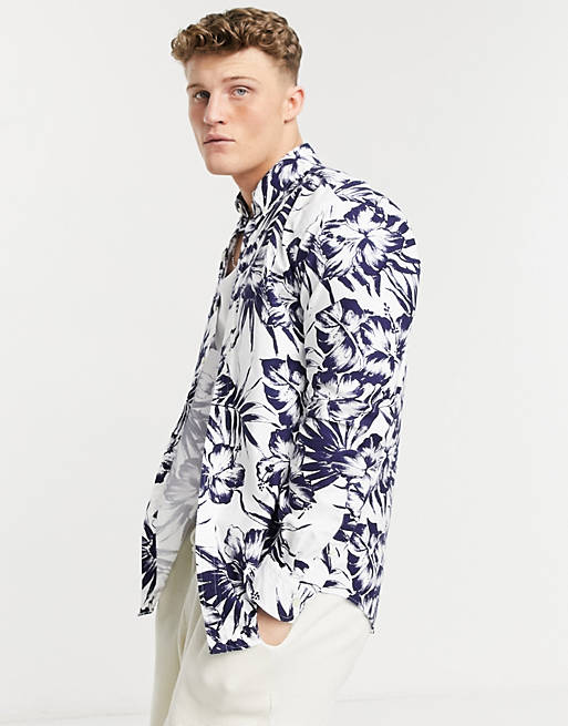 Polo Ralph Lauren hibiscus print oxford short sleeve shirt in blue