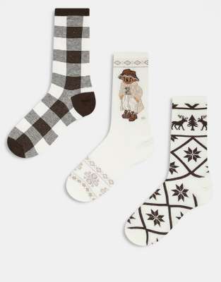 Polo Ralph Lauren - Holiday - 3er-Pack Socken in Cremeweiß mit Bären-Logo und Geschenk-Box