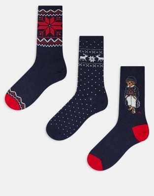 Polo Ralph Lauren - Holiday - 3er-Pack Socken in Marineblau mit Bären-Logo und Geschenk-Box