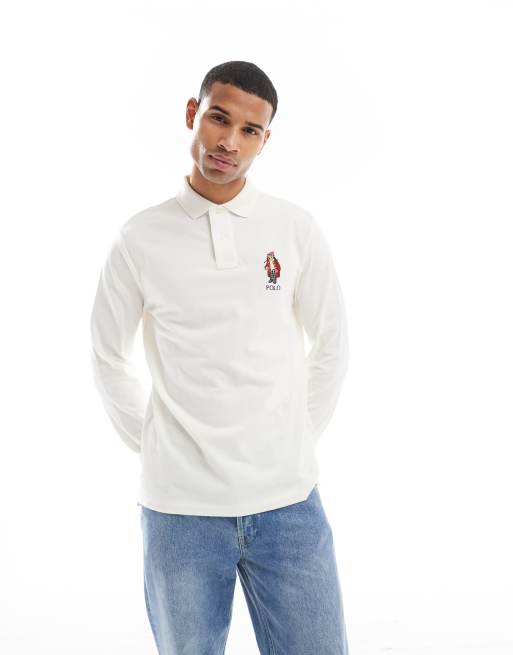 Polo Ralph Lauren holiday bear logo long sleeve pique polo classic oversized fit in beige ASOS