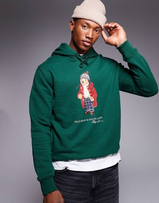 Polo Ralph Lauren – Holiday – Ciemnozielona polarowa bluza z kapturem z nadrukiem z misiem