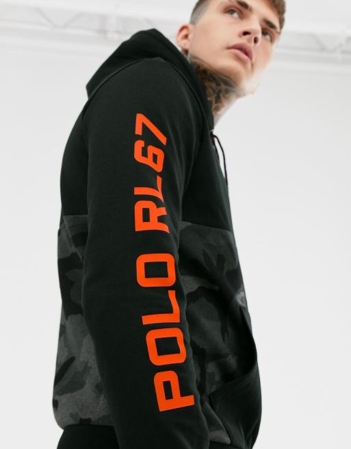 Polo Ralph Lauren hoodie in black with camo panel and player logo and  sleeve print | ASOS