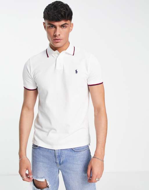 Polo Ralph Lauren - Hvid polo med ikonlogo og kontrastkanter i piqué i slim fit