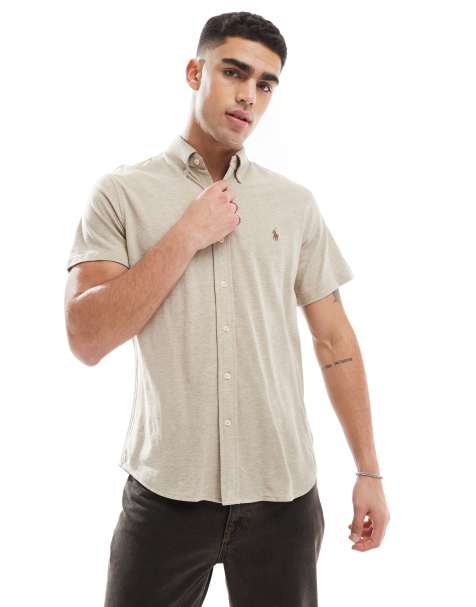 Polo Ralph Lauren icon logo short sleeve pique shirt in beige marl