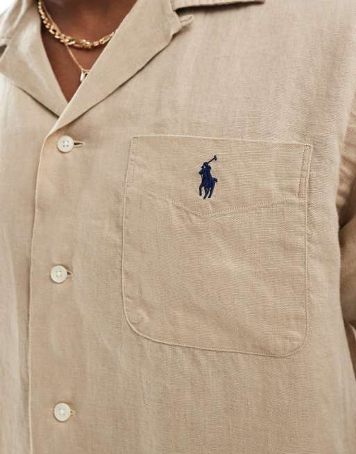 Polo Ralph Lauren - Icon - Camicia a maniche corte classica oversize beige in lino con rever e logo in coordinato, 4 di 4