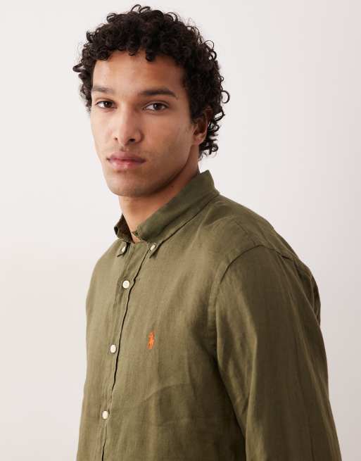 Polo Ralph Lauren - Icon - Camicia a maniche lunghe in lino kaki con logo, 3 di 5