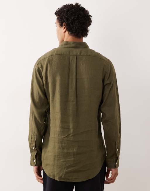 Polo Ralph Lauren - Icon - Camicia a maniche lunghe in lino kaki con logo, 4 di 5